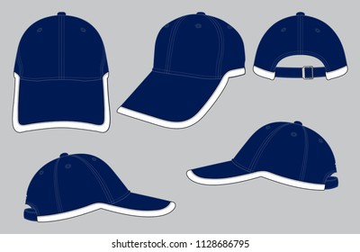 Navy Blue-White Baseball Cap with Metal Buckle Strap Closure Design on Gray Background, Vector File.