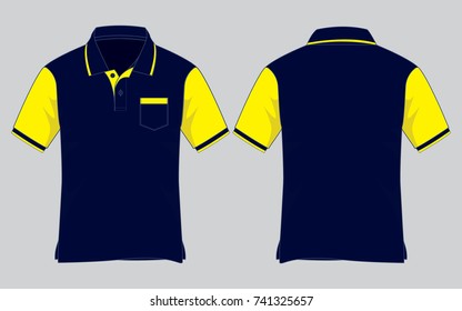 Navy Blue-Yellow Short Sleeve Polo Shirt With One Pocket Design Vector.Front and Back View.