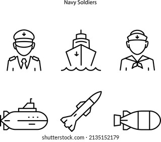 vector de icono de línea de barco marino. signo de barco marino. símbolo de contorno aislado ilustración negra, iconos de soldados de la marina se aíslan en fondo blanco.