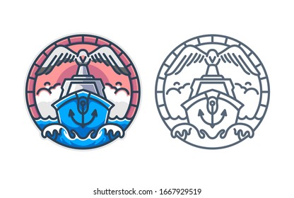 Navy boat with seagull upside circle badge