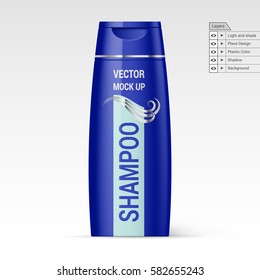 Navy Bottle Shampoo Isolated on White Background. Vector Layers Mock up for Design