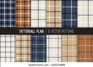 Navy, Brown, Gray Beige, White and Black Tattersall & Windowpane Plaid Vector Patterns. Men's Fashion Fabric. Father's Day Background. Small to Large Scale Check Textile Prints. Pattern Tile Swatches 