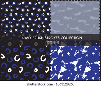 Navy Brush strokes pattern collection includes 4 designs for fashion prints, graphics, backgrounds