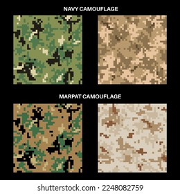 Navy camouflage seamless pattern. Comparison types of camo. Khaki, sand, woodland digital pixel tiles. Desert military textile. Multicolor uniform for soldiers militaristic flat vector illustration