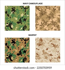 Navy camouflage seamless pattern. Comparison types of camo. Khaki, sand, woodland digital pixel tiles. Desert military textile. Multicolor uniform for soldiers militaristic flat vector illustration