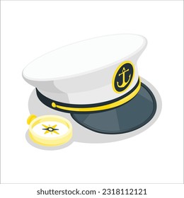 Navy cap, ship officer, admiral, sailor, naval captain hat front view 3d rendering. sailor hat with anchor emblem. Captain hat. Sailor cap. Vector illustration