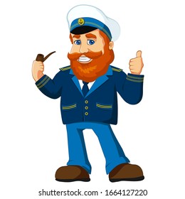 Navy captain character cartoon mascot, old redhead sailor, skipper smiling, smoking pipe in uniform, with thumb up. Vector illustration isolated for logo, mascot, stickers and more.