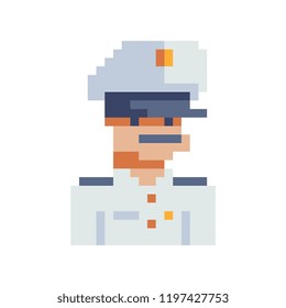 Navy captain character, skipper. Avatar, portrait, profile picture.  Pixel art. Captain of cruise liner in uniform. Military man. Chief on ship. Game assets. 8-bit. Isolated vector illustration.