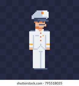 Navy captain character, skipper. Pixel art. Captain of cruise liner in uniform. Military man. Chief on ship. Isolated vector illustration. 