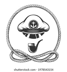 Navy captain hat with smoking pipe in marine rope circle. Vector illustration