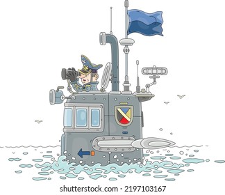 Navy captain observing a sea horizon through binoculars on a cabin of an emerged submarine boat, vector cartoon illustration isolated on a white background