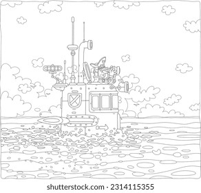 Navy captain observing a sea horizon through binoculars on a cabin of an emerged submarine boat, black and white outline vector cartoon illustration for a coloring book page