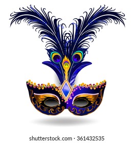 The navy carnival mask with multicolor feathers. The mask decorated with golden pattern and sequins.
