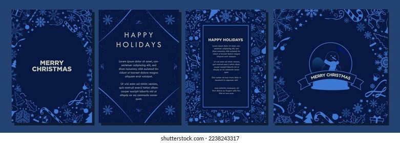 Navy Christmas Template Designs. Beautiful Monochromatic Christmas Backgrounds with teal blue Christmas element pattern ornaments. Greeting Card and poster templates.  Editable Vector Illustration.