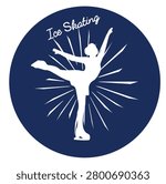 Navy circular Ice Skating badge art with white female skater silhouette and sunburst rays. A classic elegant design for apparel, sublimation prints and figure skating merchandise. 