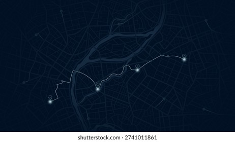Navy City Map with Glowing Blue Route Pins and River Crossing Through Urban Street Grid. Vector illustration.