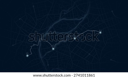 Navy City Map with Glowing Blue Route Pins and River Crossing Through Urban Street Grid. Vector illustration.