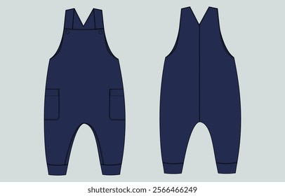 Navy Color Bodysuit dungaree template for kids front and back
