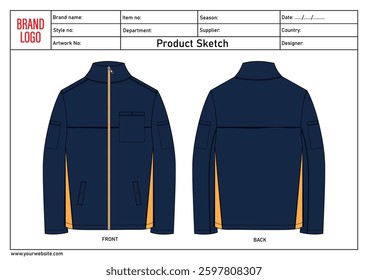 Navy color bomber jacket vector illustration template with tech pack details