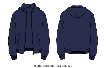 Navy color Hoodie. Technical fashion flat sketch Vector template. Cotton fleece fabric Apparel hooded with zipper sweatshirt illustration black color mock up Front, back views. 