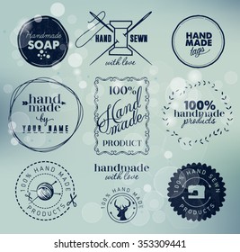 Navy Colored Hand Made Labels Badges on Blue Bubbly Background