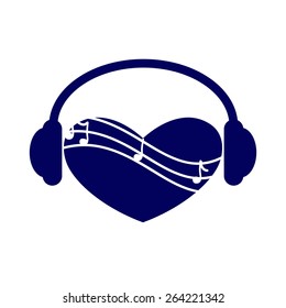 Navy colored heart with headphones on it and three white notes on three lines stave isolated on white background. Music fan concept. Logo template, design element