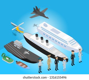 Navy concept banner. Isometric banner of navy vector concept for web, giftcard and postcard