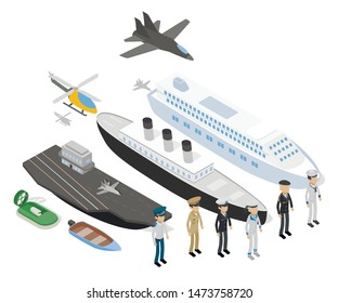 Navy concept banner. Isometric banner of navy vector concept for web, giftcard and postcard