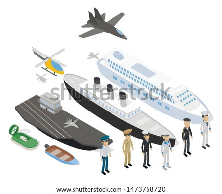 Navy concept banner. Isometric banner of navy vector concept for web, giftcard and postcard