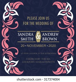 Navy And Coral Wedding Invitation Card