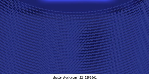 Navy dark blue abstract background with halftone wavy smooth pattern. Small light dots grid. Curve line, cosmic galaxy space. Festive BG for social media, party birthday invitation.