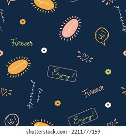Navy, dark blue conversational seamless pattern print with doodle flowers, thought bubble, positive,  quotes and slogans for fabric, textile, tshirt, packaging and wrapping for and girls fashion 
