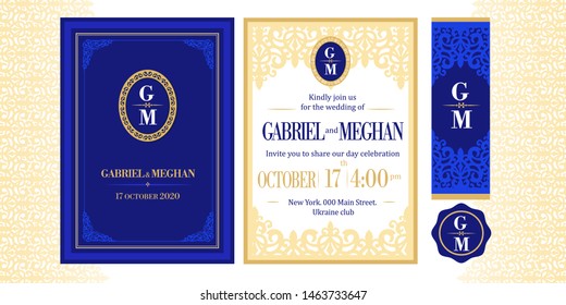 Navy dark deep blue template invitation with golden corner. Wedding greeting with vintage ornament. Printable elegant invite card. Damask beige vector lace. Monogram logo oval royal emblem. Vip event