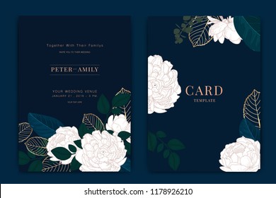 Navy and dark green Wedding Invitation, floral invite thank you, rsvp modern card Design in metallic peony flower with  leaf greenery  branches decorative Vector elegant rustic template