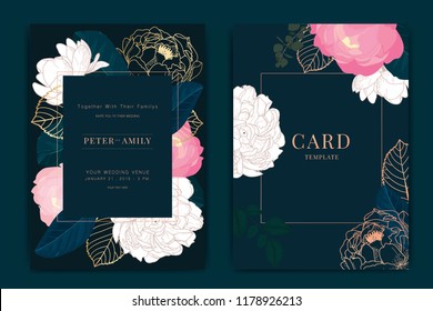 Navy and dark green Wedding Invitation, floral invite thank you, rsvp modern card Design in metallic peony flower with  leaf greenery  branches decorative Vector elegant rustic template