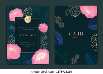 Navy and dark green Wedding Invitation, floral invite thank you, rsvp modern card Design in metallic peony flower with  leaf greenery  branches decorative Vector elegant rustic template