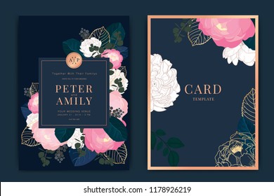 Navy and dark green Wedding Invitation, floral invite thank you, rsvp modern card Design in metallic peony flower with leaf greenery branches decorative Vector elegant rustic template Navy and dark green Wedding Invitation, floral invite thank you, rsvp modern card Design in metallic peony flower with leaf greenery branches decorative Vector elegant rustic template