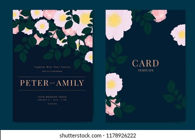 Navy and dark green Wedding Invitation, floral invite thank you, rsvp modern card Design in metallic peony flower with  leaf greenery  branches decorative Vector elegant rustic template