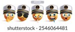 Navy emoji smileys characters vector set. Emoji marine clip art character in shy, sad, exhausted, hungry and shock facial expression wearing captain sailor hat collection. Vector illustration 3d icon 