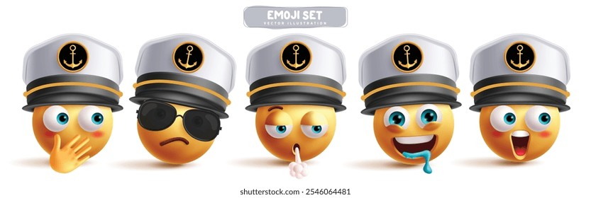 Conjunto de vetores de personagens emojis smileys da Marinha. Emoji personagem clip art marinho em tímido, triste, exausto, fome e choque expressão facial vestindo capitão marinheiro chapéu coleção. Ícone 3d de ilustração vetorial 