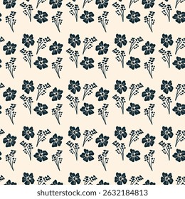 Navy Floral Arrangement on Cream Seamless Design for Textiles and Print. Minimalist Monochrome Vintage Floral Sprig Seamless Pattern. Elegant Floral Ditsy Botanical Repeat Pattern.