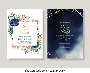 navy floral watercolor wedding card invitation