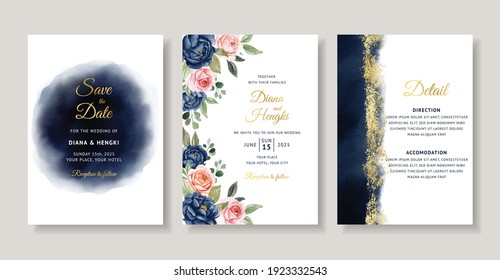 navy floral wedding invitation card