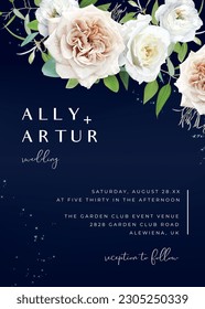 Navy floral wedding invite card. Vector elegant watercolor powder, beige, white garden rose flowers, greenery eucalyptus leaves bouquet, shiny golden glitter stars illustration on dark blue background