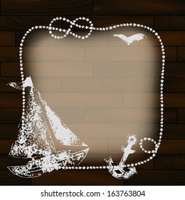 Navy frame with a boat and anchor on dark wooden background, vector