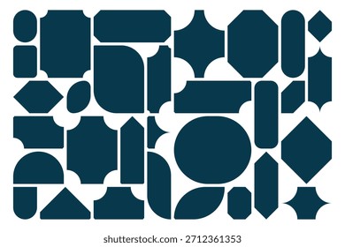 Navy geometric forms are artistically arranged on a white backdrop, creating a seamless pattern. Shapes include circles, rectangles, triangles, and more, forming a clean minimalist look.