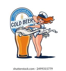 navy girl with beer and foam label illustration