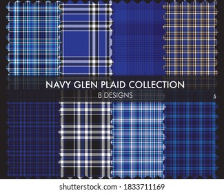 Navy Glen Plaid Tartan seamless pattern collection includes 8 designs for fashion textiles and graphics