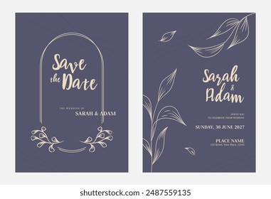 Navy and gold floral wedding invitation card. Minimalist botanical wedding invitation, save the date, greeting, thank you design template