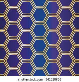 Navy & gold hexagons background. Seamless repeating pattern vector.
